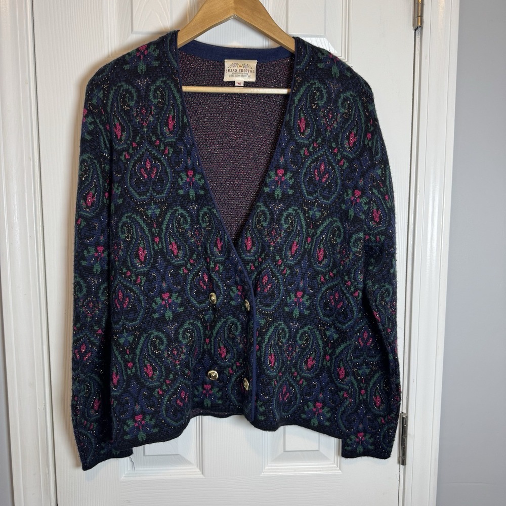 Vintage 90s Susan Bristol Metallic Cross Front Cardigan Sweater Paisley M